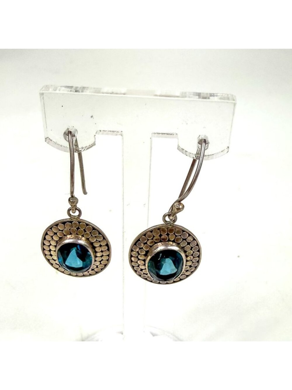 Sterling Silver Blue Topaz Fish Hook Pierced Earrings Oval Granular Textured